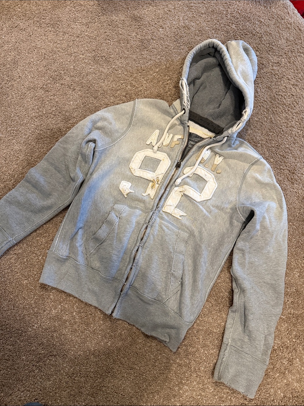 Vintage style Abercrombie & Fitch distressed light gray zip hoodie